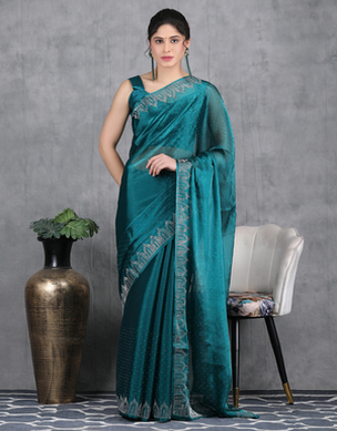 Petrol Blue Jimichoo Fabric Swarovski Work Designer Saree