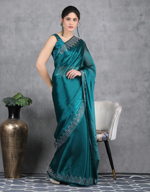 Petrol Blue Jimichoo Fabric Swarovski Work Designer Saree