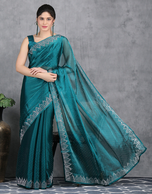 Petrol Blue Jimichoo Fabric Swarovski Work Designer Saree