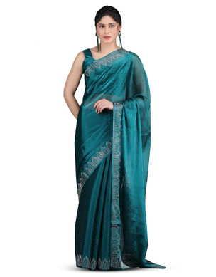 Petrol Blue Jimichoo Fabric Swarovski Work Designer Saree