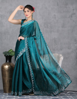 Petrol Blue Jimichoo Fabric Swarovski Work Designer Saree