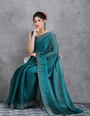 Petrol Blue Jimichoo Fabric Swarovski Work Designer Saree