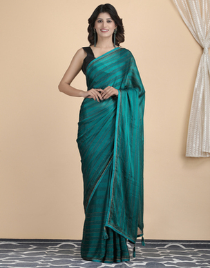 Chiffon Rama Green Patta Saree with Crystal work