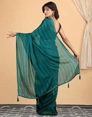 Chiffon Rama Green Patta Saree with Crystal work