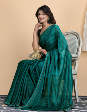 Chiffon Rama Green Patta Saree with Crystal work