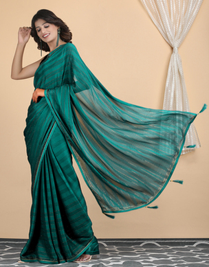 Chiffon Rama Green Patta Saree with Crystal work