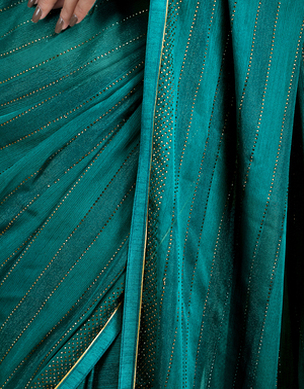 Chiffon Rama Green Patta Saree with Crystal work