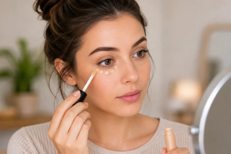 Woman applying concealer under her eyes to cover dark circles